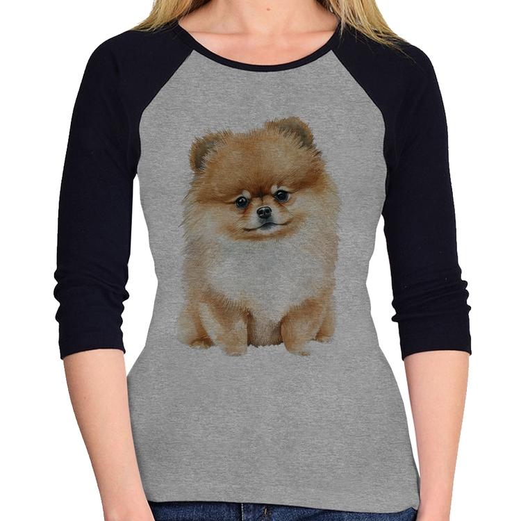 Baby Look Raglan Cachorro Spitz Alemão Lulu da pomerânia Manga 3/4 - Cinza/Preto