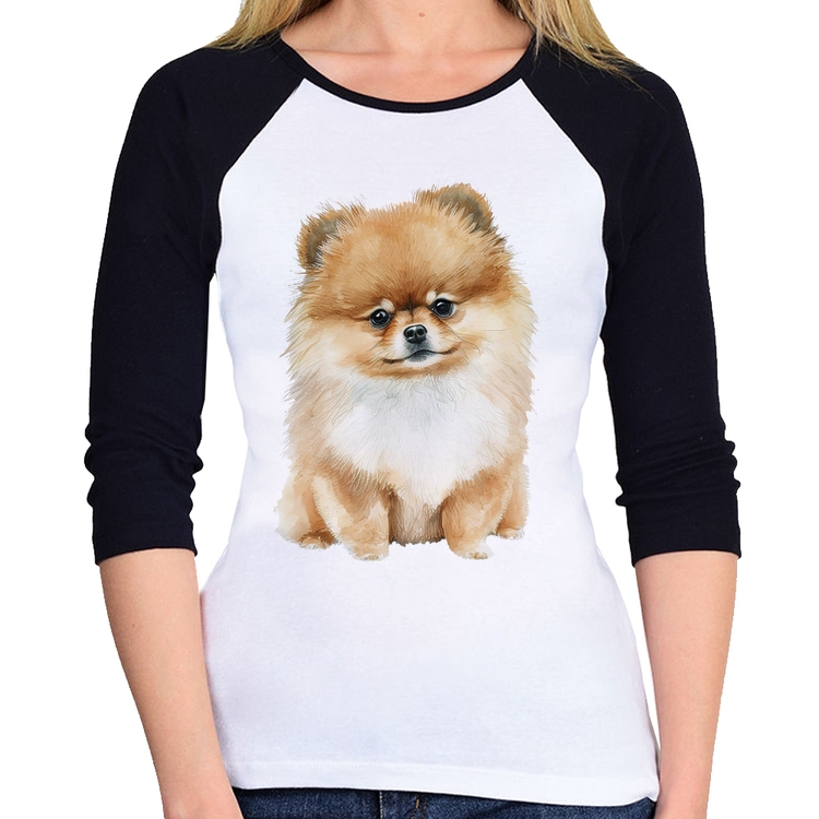 Baby Look Raglan Cachorro Spitz Alemão Lulu da pomerânia Manga 3/4