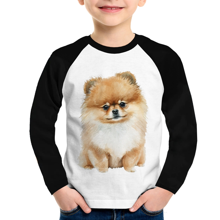 Camiseta Raglan Infantil Cachorro Spitz Alemão Lulu da pomerânia Manga Longa