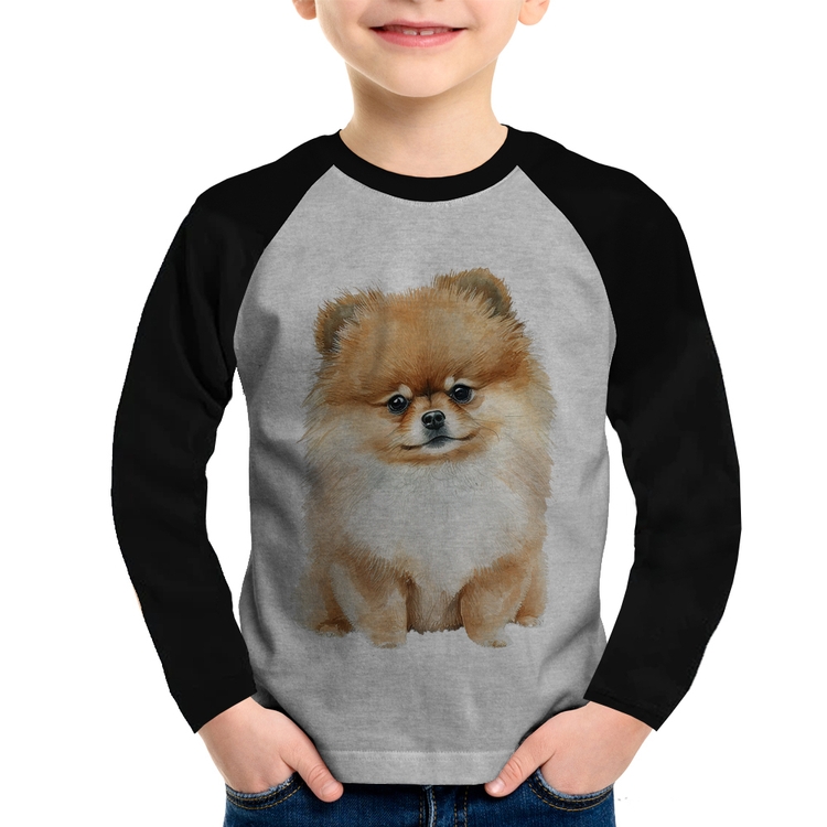 Camiseta Raglan Infantil Cachorro Spitz Alemão Lulu da pomerânia Manga Longa - Cinza/Preto