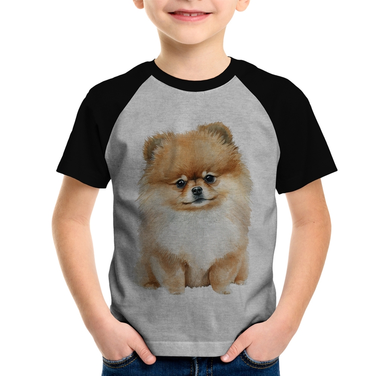 Camiseta Raglan Infantil Cachorro Spitz Alemão Lulu da pomerânia - Cinza/Preto