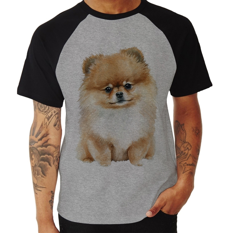 Camiseta Raglan Cachorro Spitz Alemão Lulu da pomerânia - Cinza/Preto