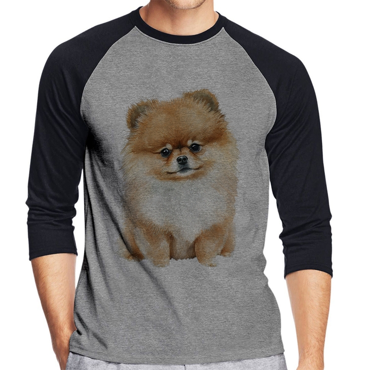 Camiseta Raglan Cachorro Spitz Alemão Lulu da pomerânia Manga 3/4 - Cinza/Preto