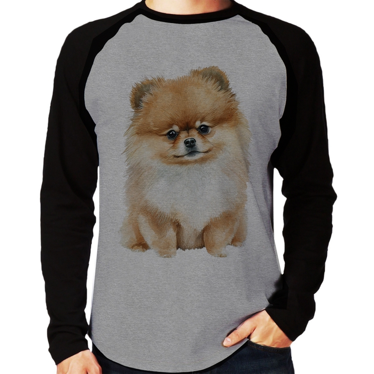 Camiseta Raglan Cachorro Spitz Alemão Lulu da pomerânia Manga Longa - Cinza/Preto