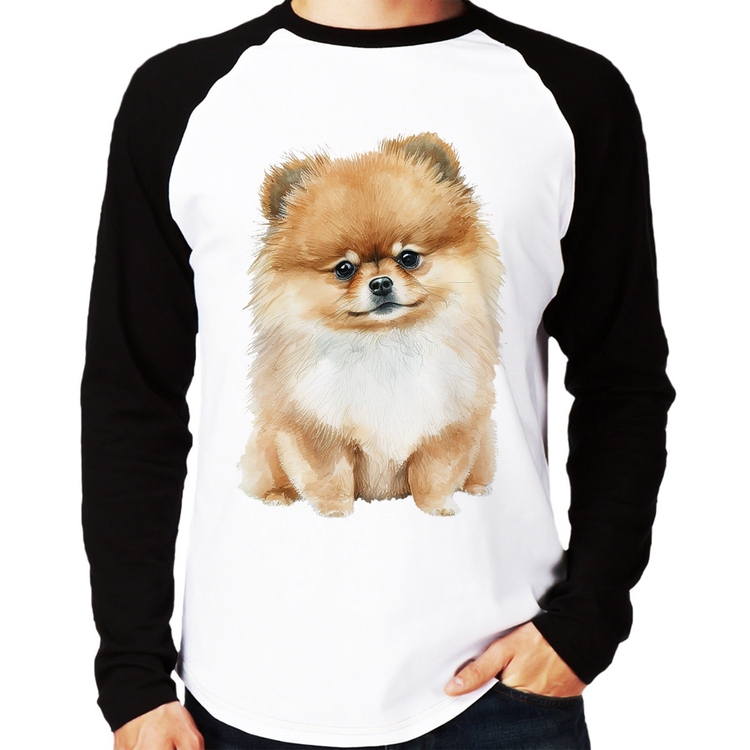 Camiseta Raglan Cachorro Spitz Alemão Lulu da pomerânia Manga Longa