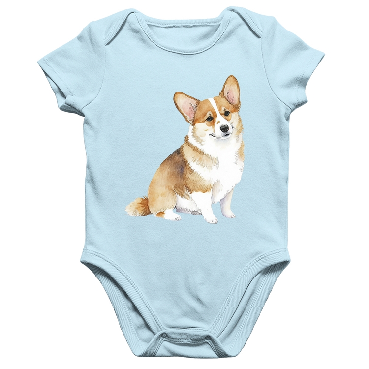 Body Bebê Algodão Cachorro Welsh Corgi Pembroke - Azul Bebê