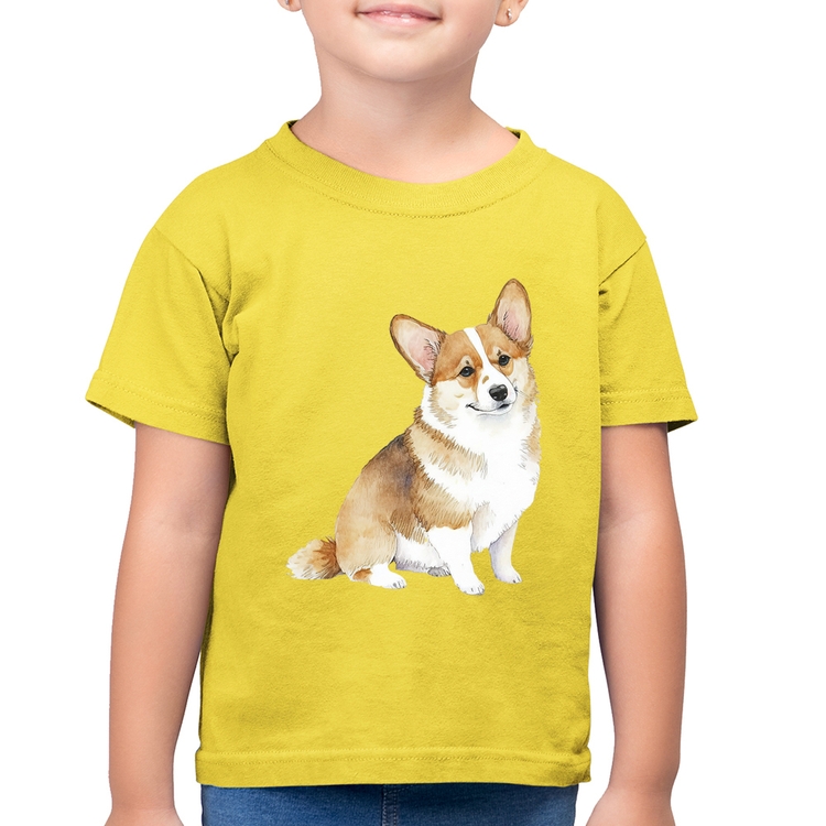 Camiseta Algodão Infantil Cachorro Welsh Corgi Pembroke - Amarelo Canário