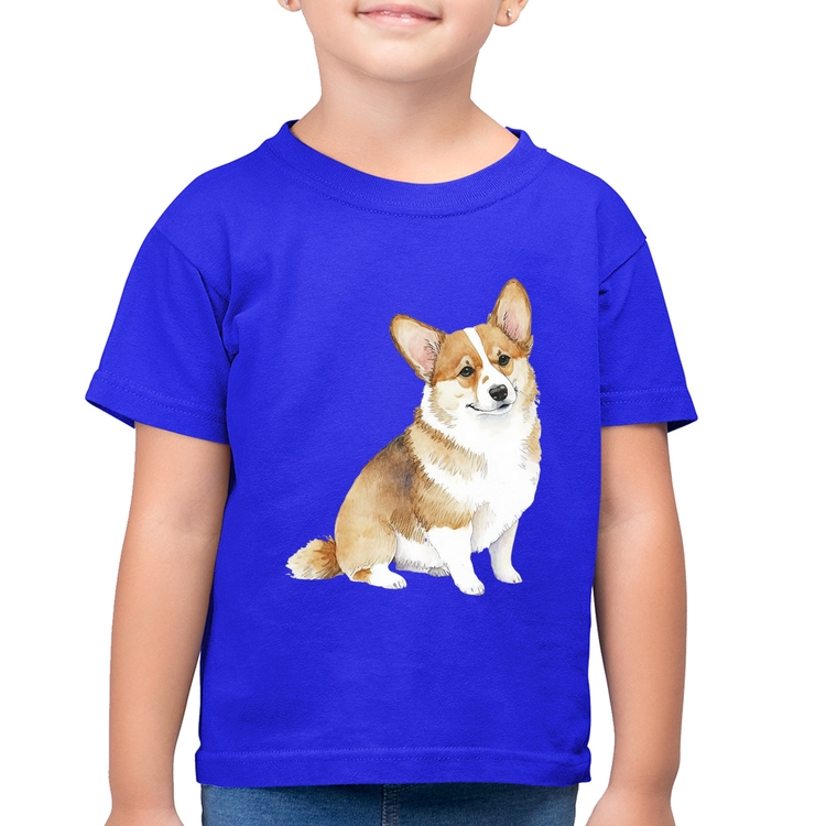 Camiseta Algodão Infantil Cachorro Welsh Corgi Pembroke - Azul Royal