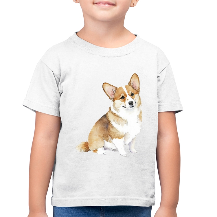 Camiseta Algodão Infantil Cachorro Welsh Corgi Pembroke - Branca