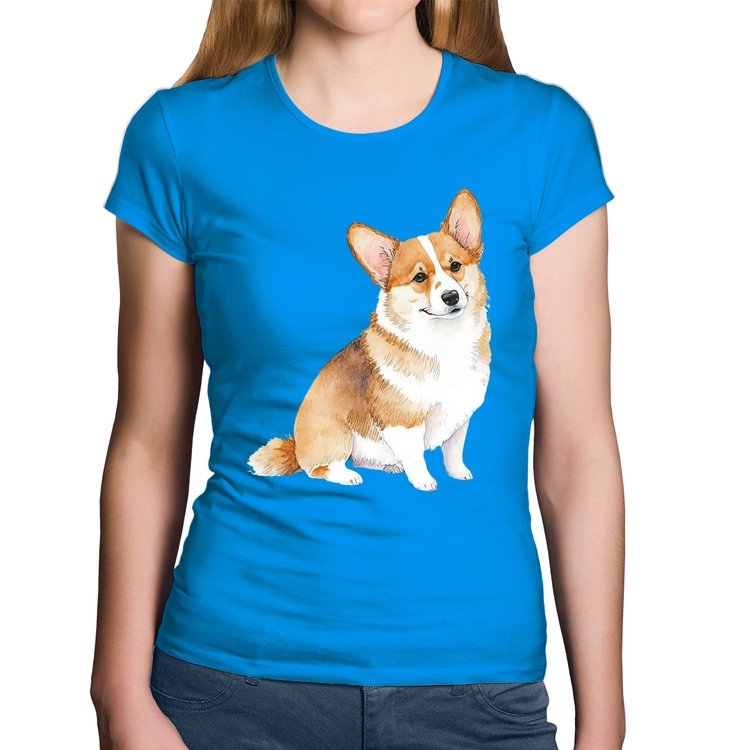 Baby Look Algodão Cachorro Welsh Corgi Pembroke - Azul