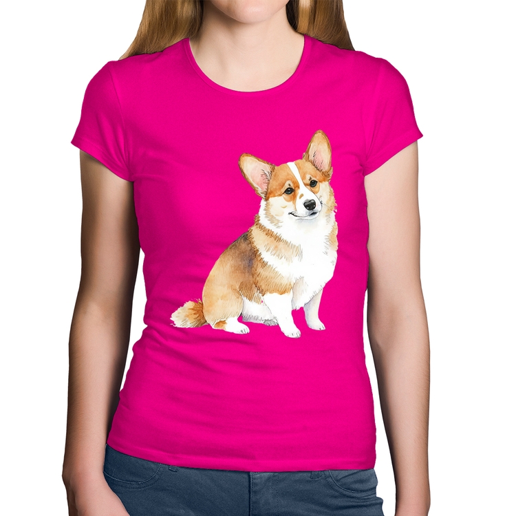 Baby Look Algodão Cachorro Welsh Corgi Pembroke - Rosa