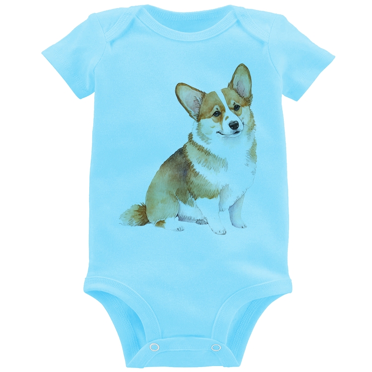 Body Bebê Cachorro Welsh Corgi Pembroke - Azul Bebê