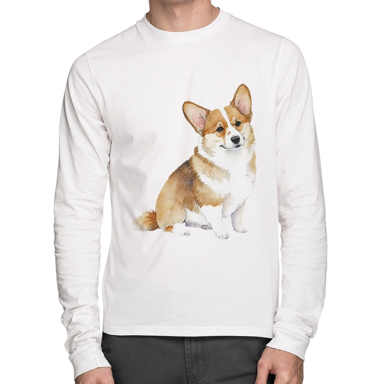 Camiseta Algodão Cachorro Welsh Corgi Pembroke Manga Longa - Branca