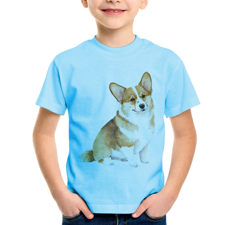 Camiseta Infantil Cachorro Welsh Corgi Pembroke - Azul Bebê
