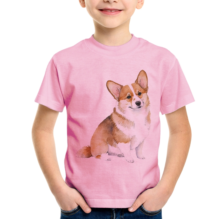Camiseta Infantil Cachorro Welsh Corgi Pembroke - Rosa Bebê