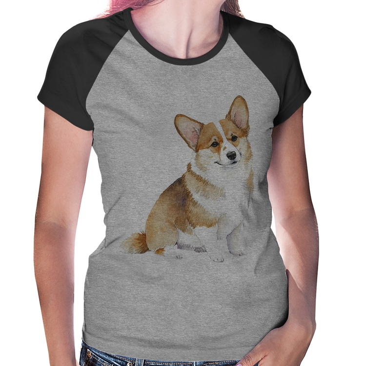 Baby Look Raglan Cachorro Welsh Corgi Pembroke - Cinza/Preto