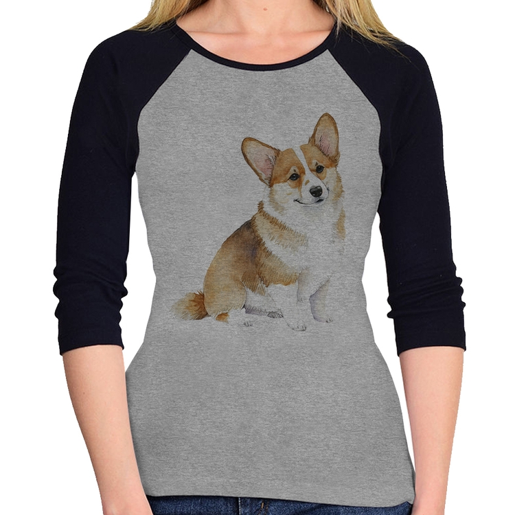 Baby Look Raglan Cachorro Welsh Corgi Pembroke Manga 3/4 - Cinza/Preto