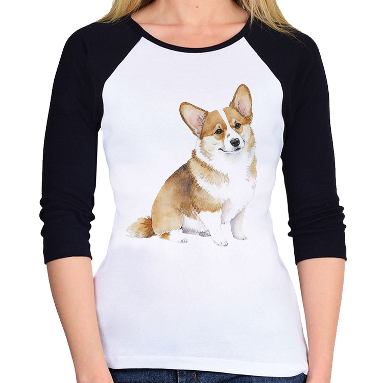 Baby Look Raglan Cachorro Welsh Corgi Pembroke Manga 3/4