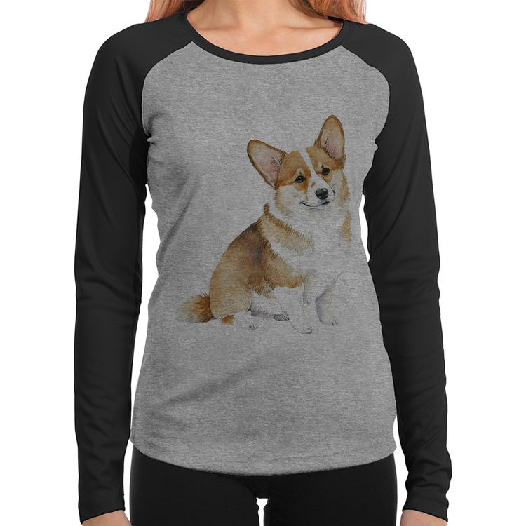 Baby Look Raglan Cachorro Welsh Corgi Pembroke Manga Longa - Cinza/Preto