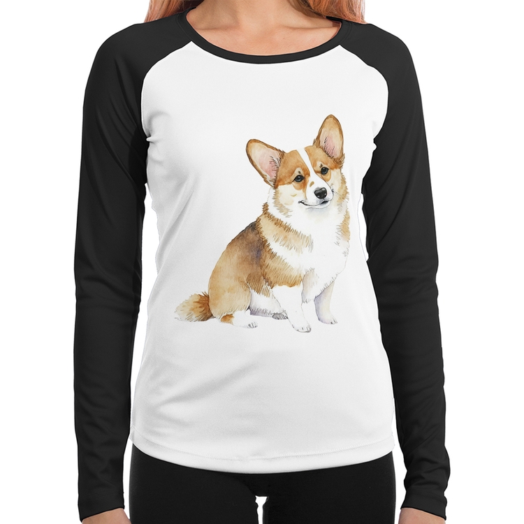 Baby Look Raglan Cachorro Welsh Corgi Pembroke Manga Longa
