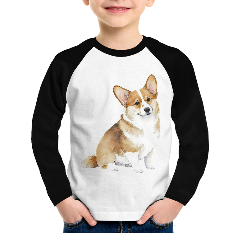 Camiseta Raglan Infantil Cachorro Welsh Corgi Pembroke Manga Longa