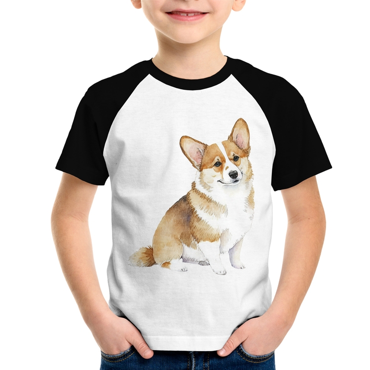 Camiseta Raglan Infantil Cachorro Welsh Corgi Pembroke