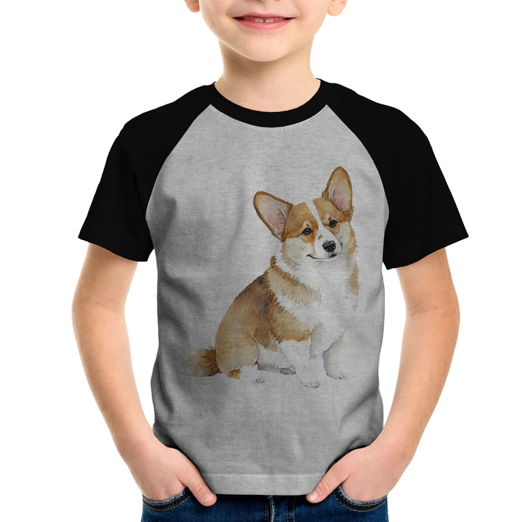 Camiseta Raglan Infantil Cachorro Welsh Corgi Pembroke - Cinza/Preto