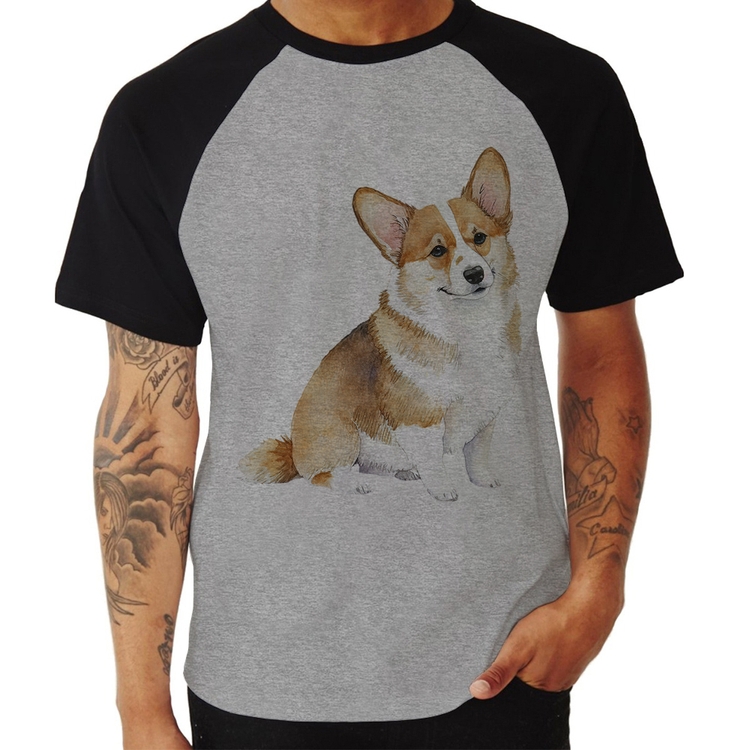 Camiseta Raglan Cachorro Welsh Corgi Pembroke - Cinza/Preto
