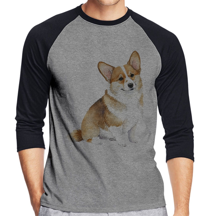 Camiseta Raglan Cachorro Welsh Corgi Pembroke Manga 3/4 - Cinza/Preto