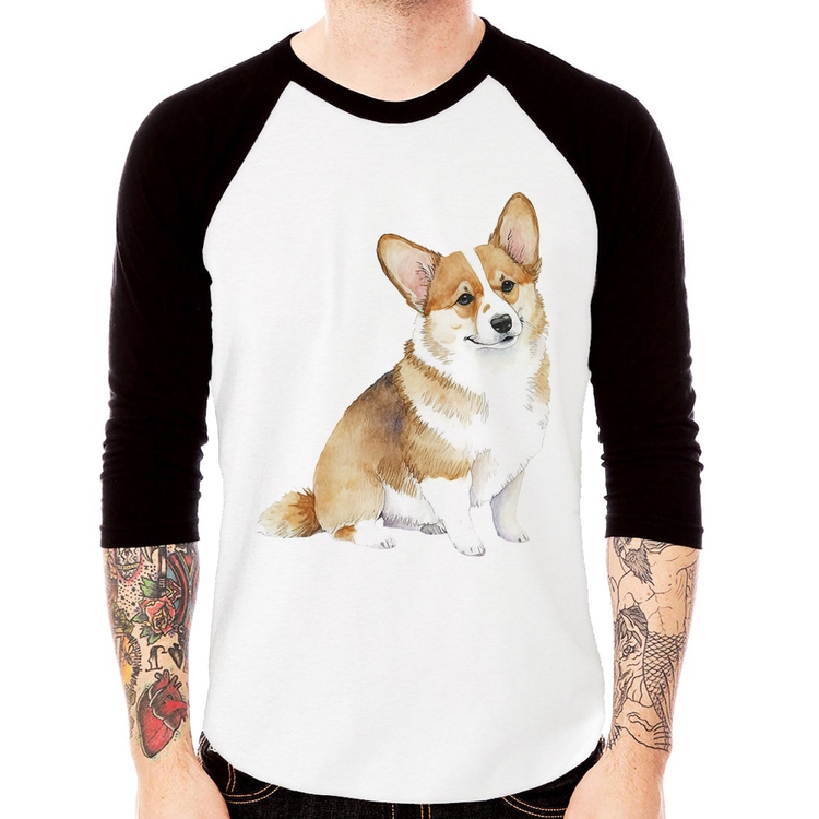 Camiseta Raglan Cachorro Welsh Corgi Pembroke Manga 3/4