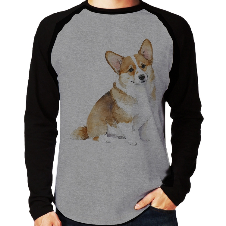 Camiseta Raglan Cachorro Welsh Corgi Pembroke Manga Longa - Cinza/Preto