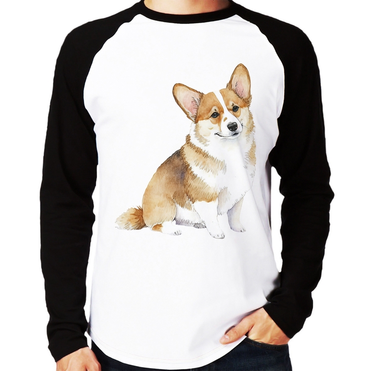 Camiseta Raglan Cachorro Welsh Corgi Pembroke Manga Longa