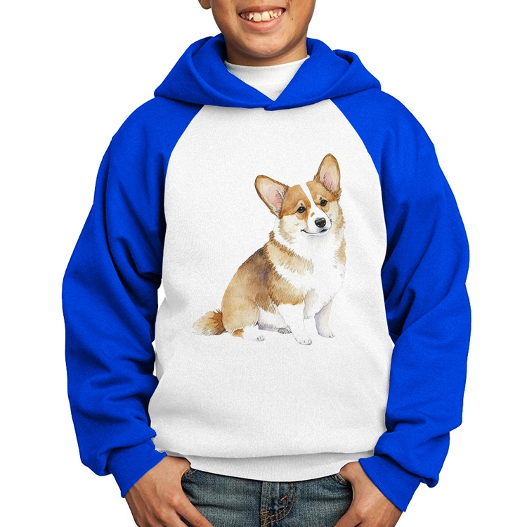 Moletom Infantil Cachorro Welsh Corgi Pembroke - Branco/Azul