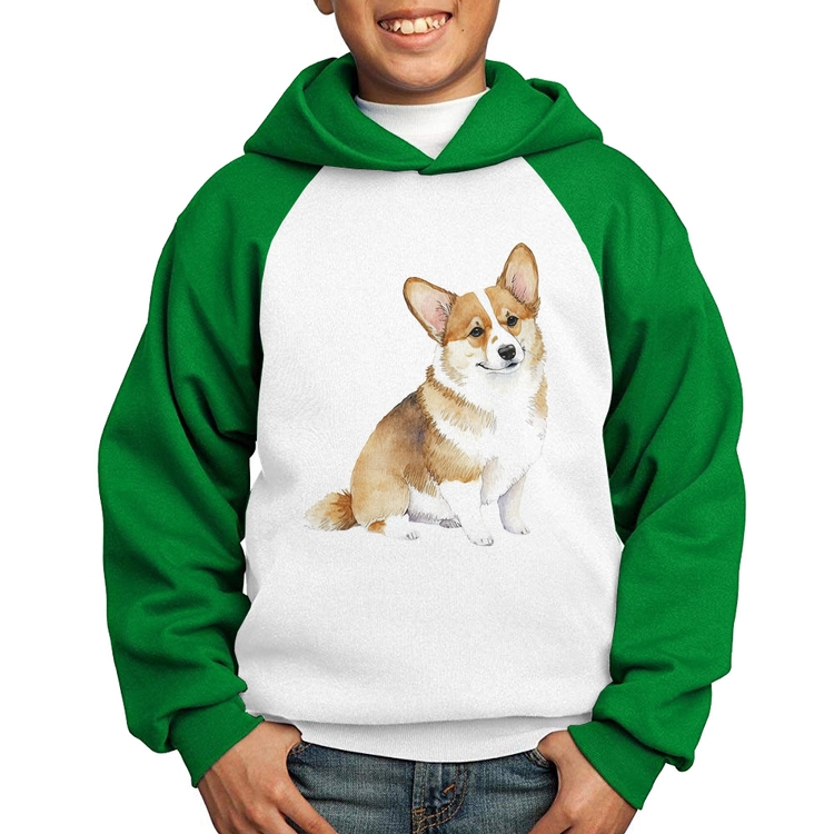 Moletom Infantil Cachorro Welsh Corgi Pembroke - Branco/Verde