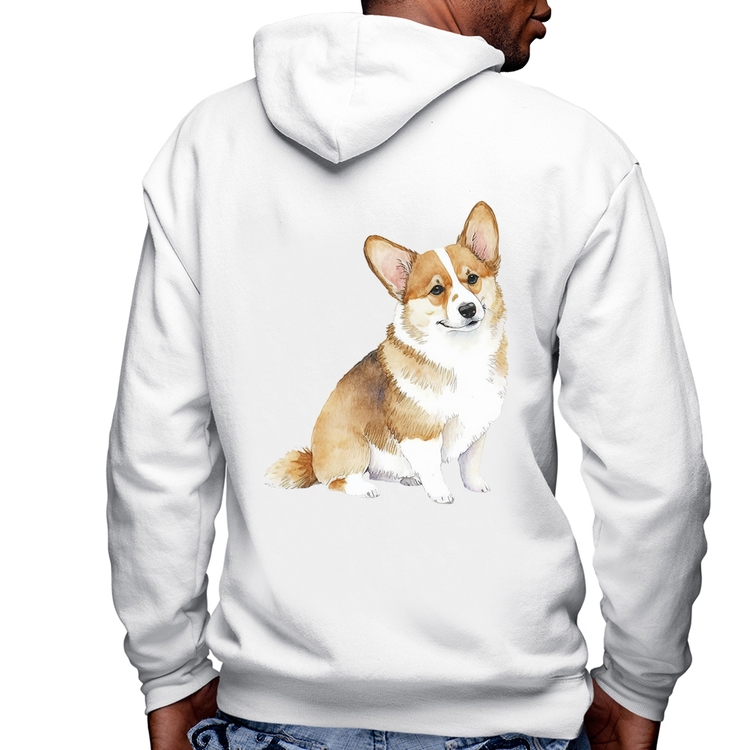 Blusa Moletom Cachorro Welsh Corgi Pembroke Masculina com Capuz e Zíper - Branca