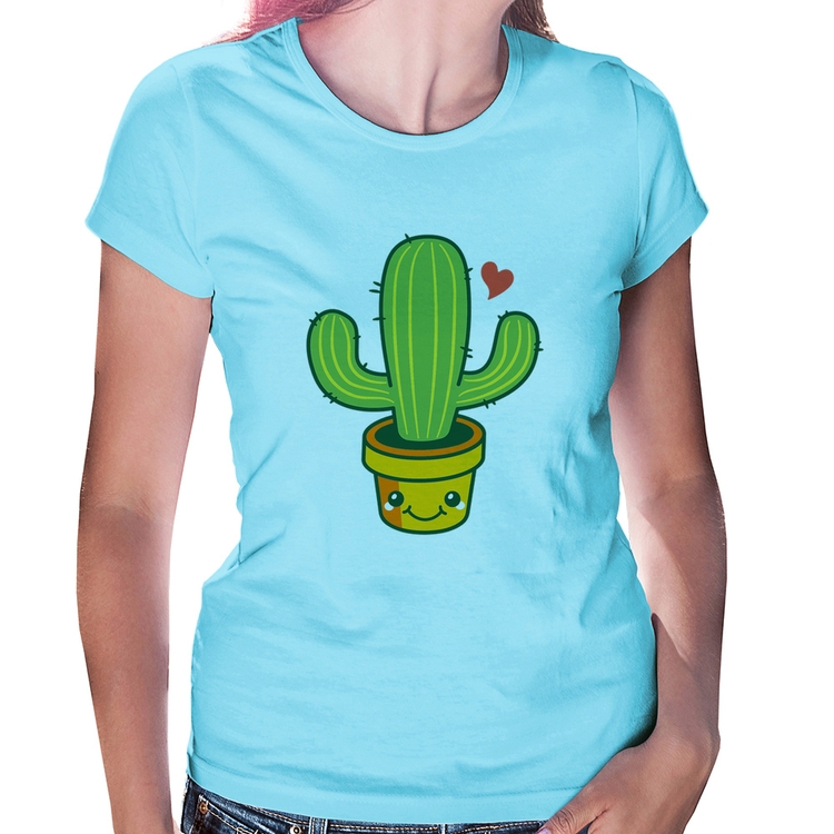 Baby Look Cacto Coração - Azul Bebê