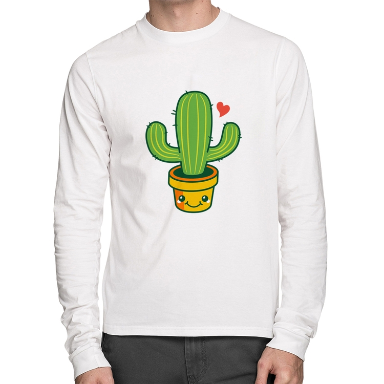 Camiseta Algodão Cacto Coração Manga Longa - Branca