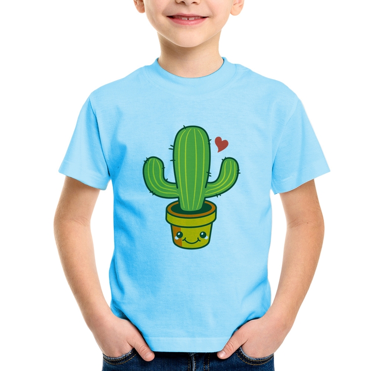 Camiseta Infantil Cacto Coração - Azul Bebê