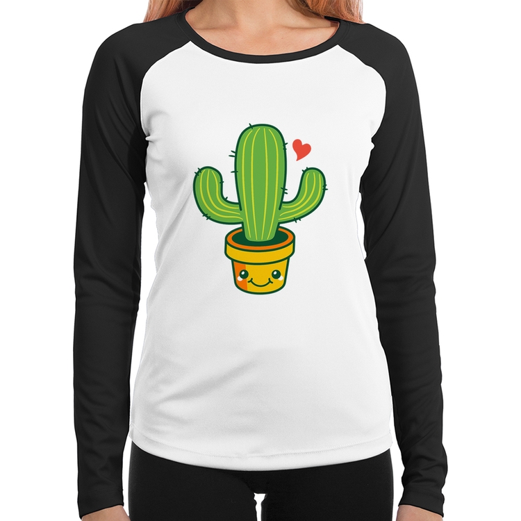 Baby Look Raglan Cacto Coração Manga Longa