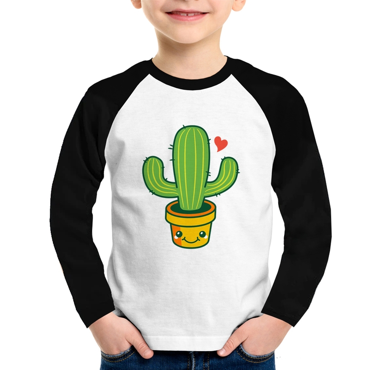 Camiseta Raglan Infantil Cacto Coração Manga Longa