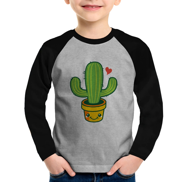 Camiseta Raglan Infantil Cacto Coração Manga Longa - Cinza/Preto