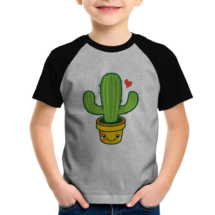 Camiseta Raglan Infantil Cacto Coração - Cinza/Preto