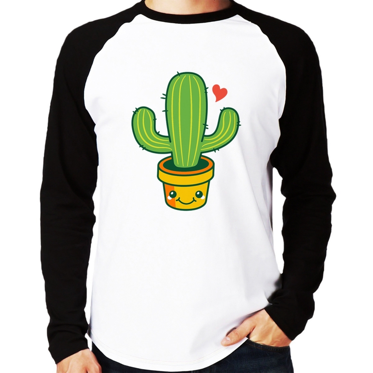 Camiseta Raglan Cacto Coração Manga Longa