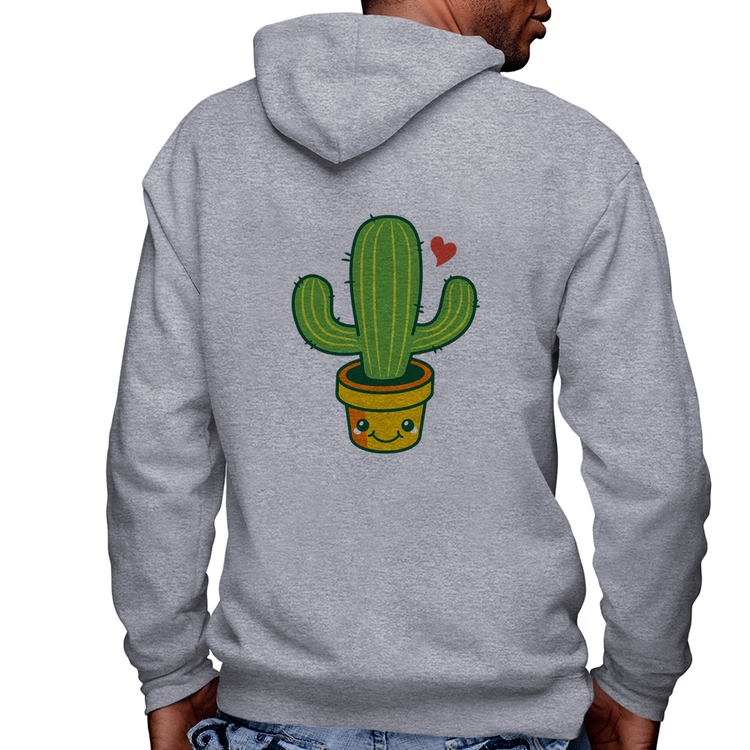 Blusa Moletom Cacto Coração Masculina com Capuz e Zíper - Mescla
