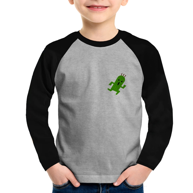 Camiseta Raglan Infantil Cactuar Manga Longa - Cinza/Preto