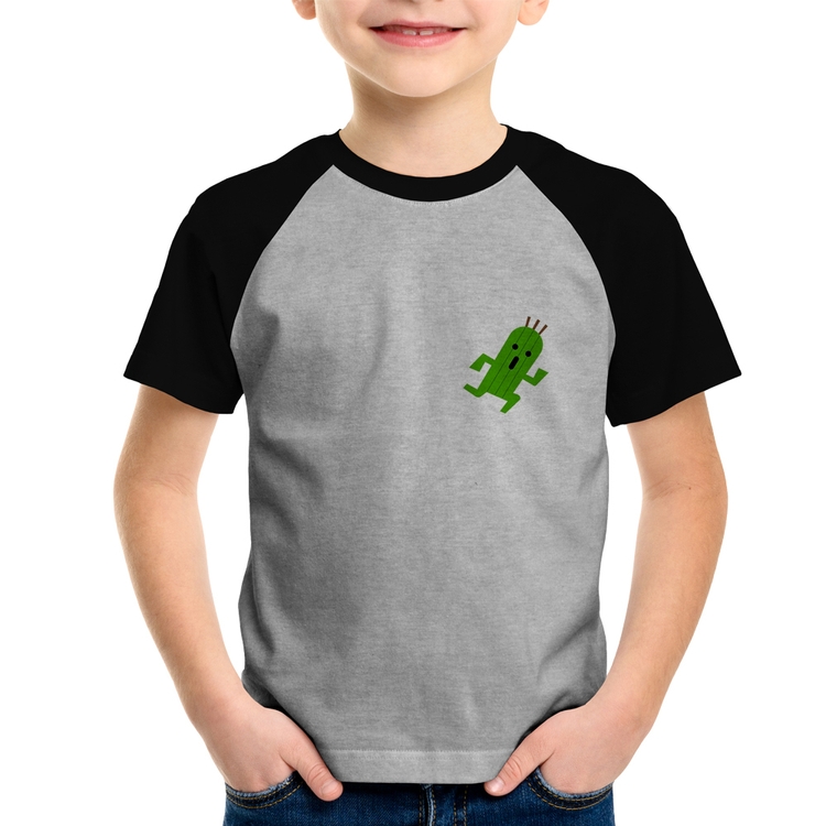 Camiseta Raglan Infantil Cactuar - Cinza/Preto