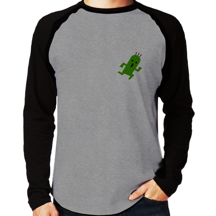 Camiseta Raglan Cactuar Manga Longa - Cinza/Preto