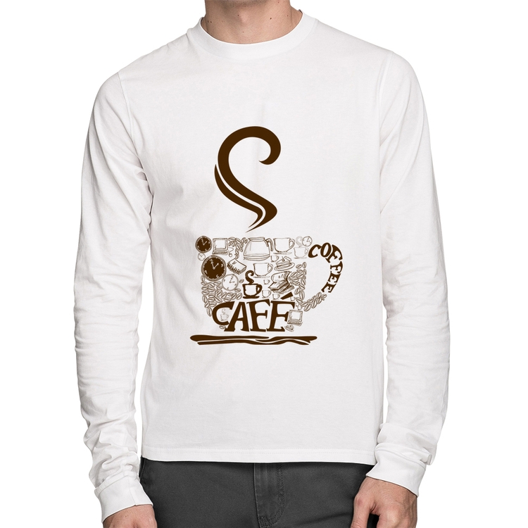 Camiseta Algodão Café Coffee Manga Longa - Branca