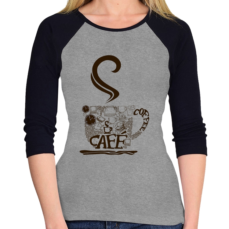 Baby Look Raglan Café Coffee Manga 3/4 - Cinza/Preto