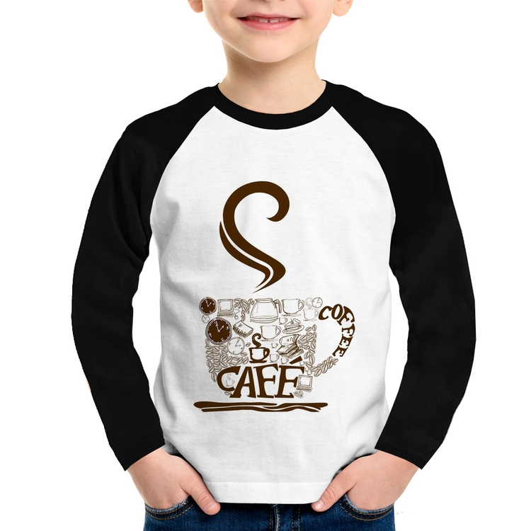 Camiseta Raglan Infantil Café Coffee Manga Longa